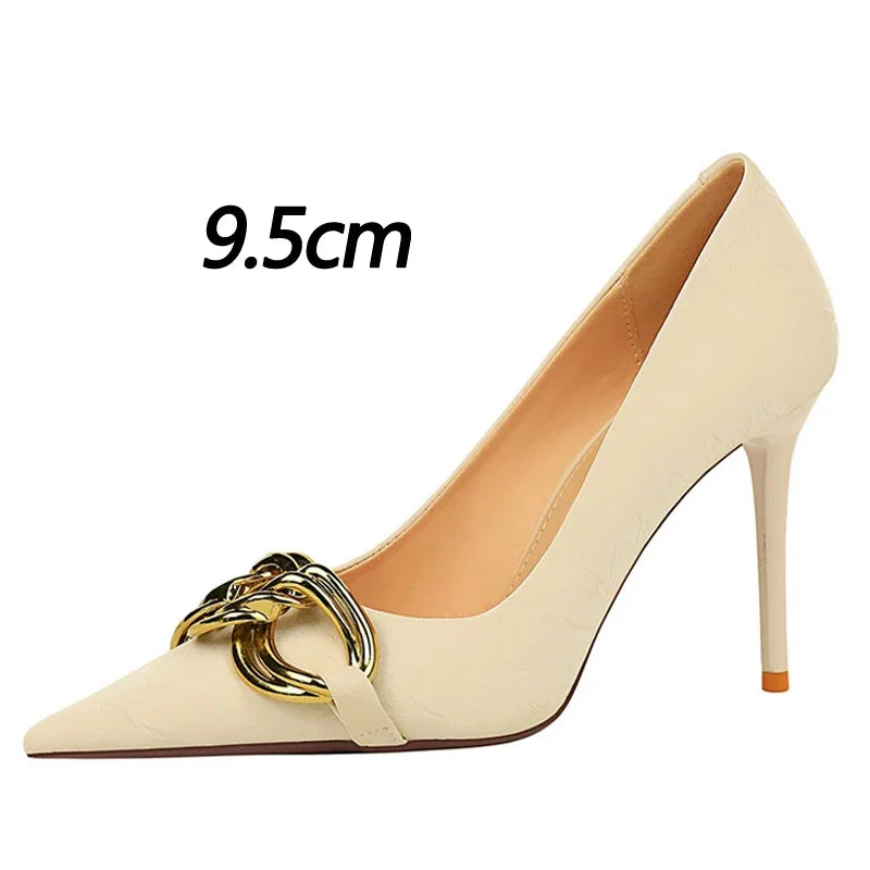 Women's Fashion Nude Metal Buckle Pumps High-Heels
