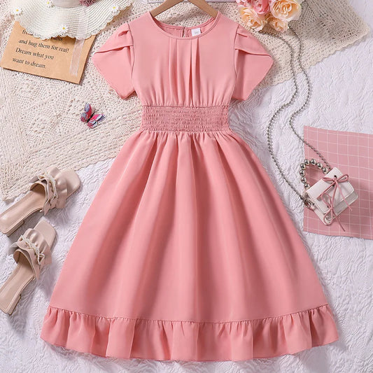 Summer Children Fashion Pink Short Sleeve High Waist A-line Princess Dress
