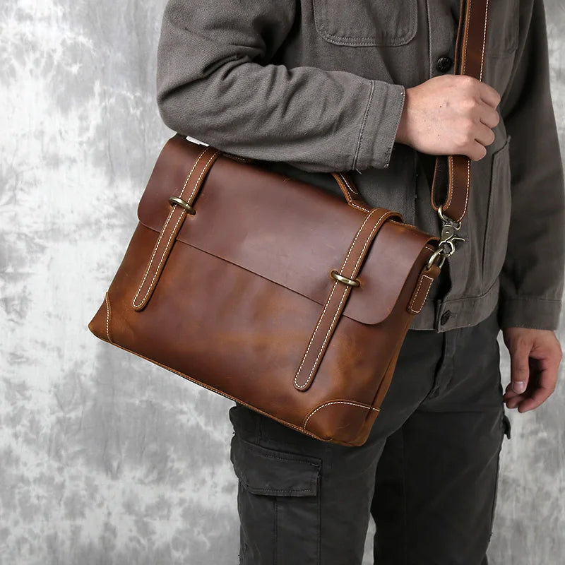 Men's Top Layer Cowhide Briefcase Crazy Horse Leather Bag