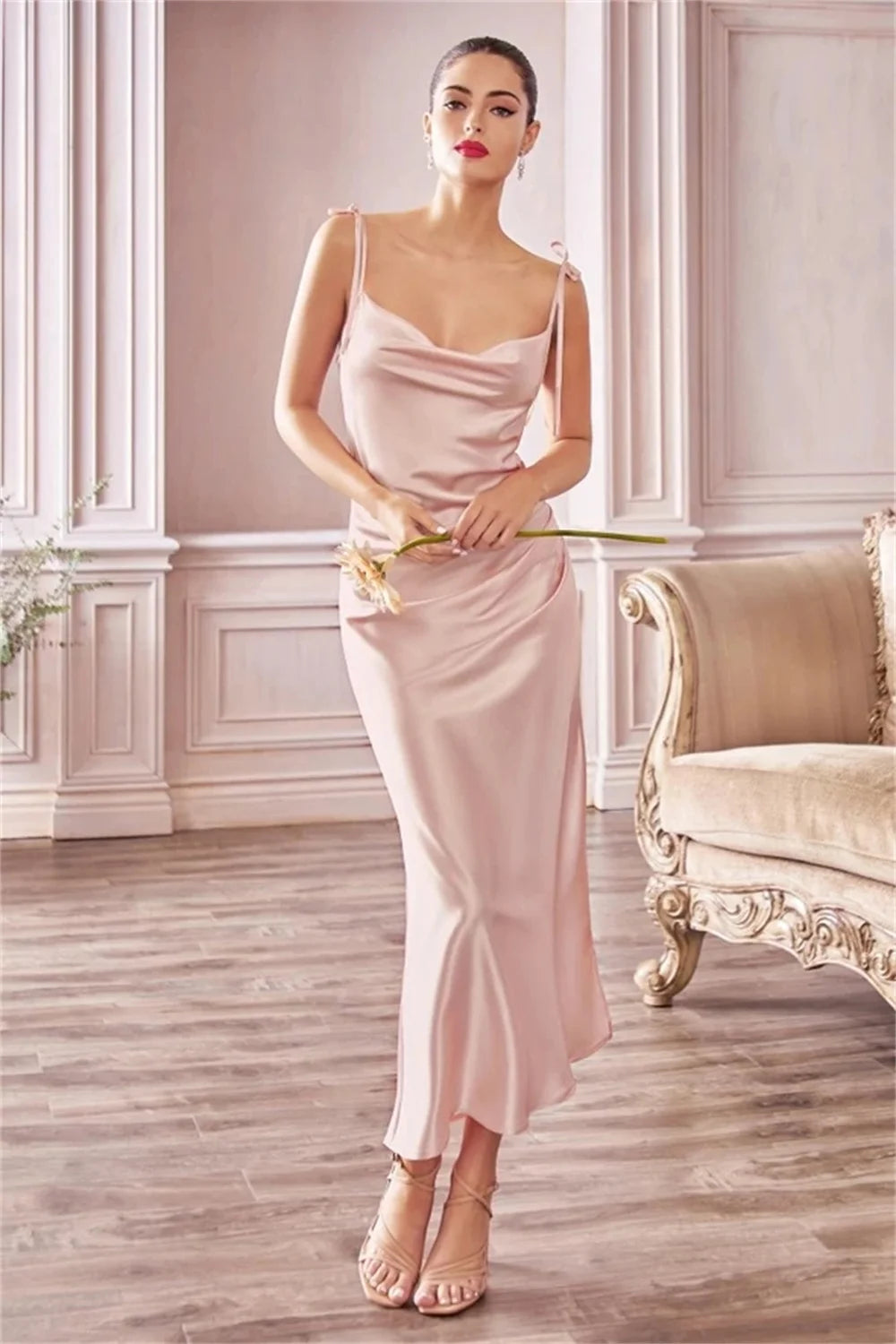 MisShow Sage Cowl Neck Satin Bandage Midi Summer Sexy High Slit Tie Straps Dress