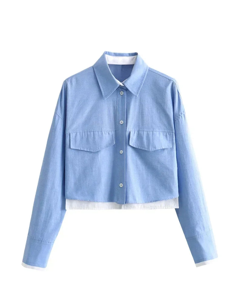Women Fashion Crop Oxford Blouse Shirt