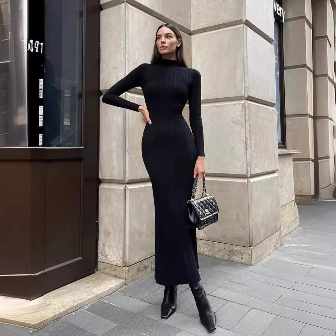 Women Elegant Long Sleeve Knitted Maxi Dress