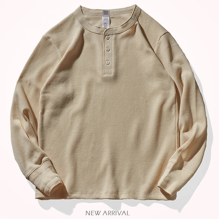 Autumn And Winter New American Heavyweight Retro Men's Waffle Long-sleeved T-shirt