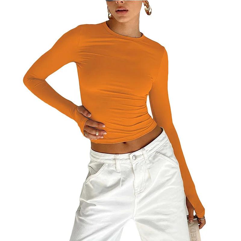 Women Long Sleeve Crew Neck Solid Slim Fit Ladies Crop Top