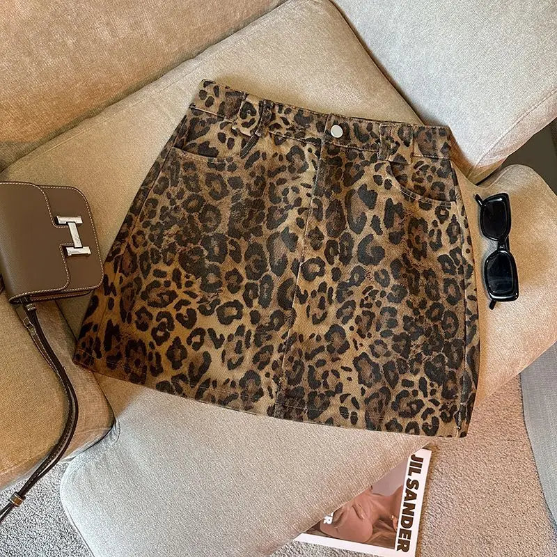 Leopard Print A-word Short Skirt New Anti-light High Waist Hip Wrap Mini Skirt