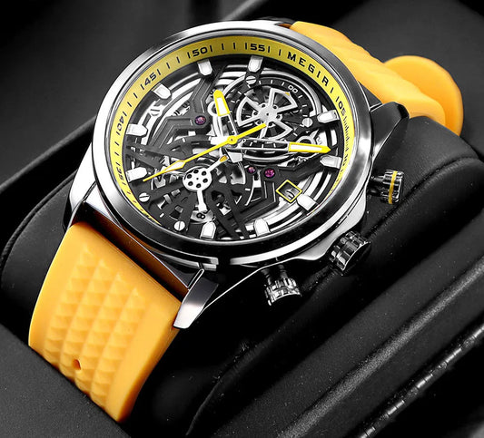 Men Fashion Waterproof Yellow Silicone Strap Sport Wristwatch