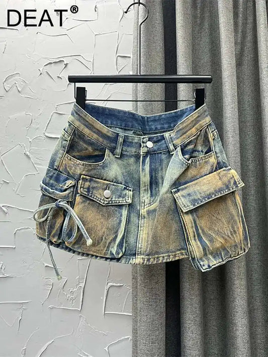 DEAT Denim Skirts Multiple Pockets Patchwork Washed A-line Mini Skirt