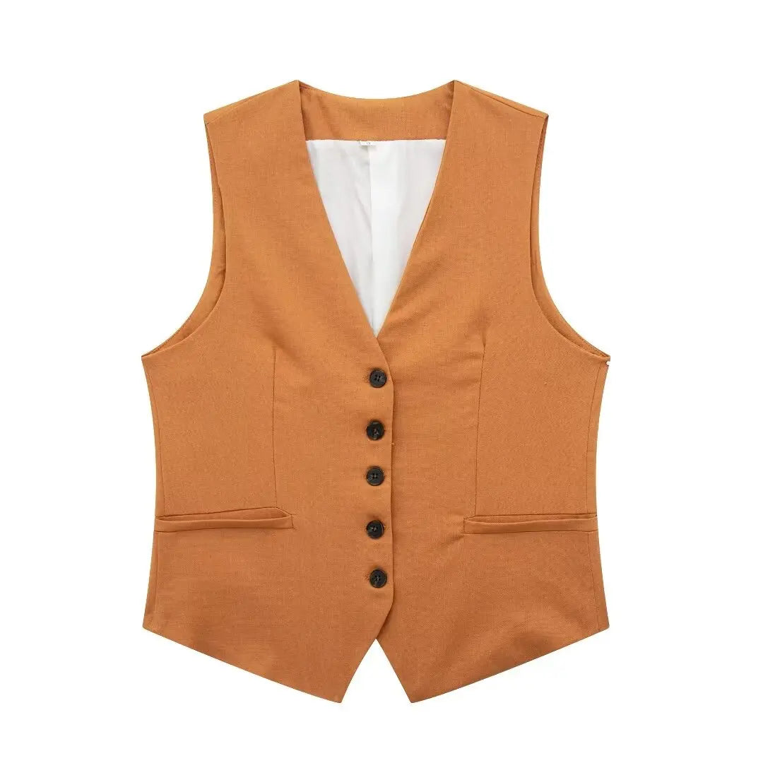 Women Fashion Plain Linen Tops Vest