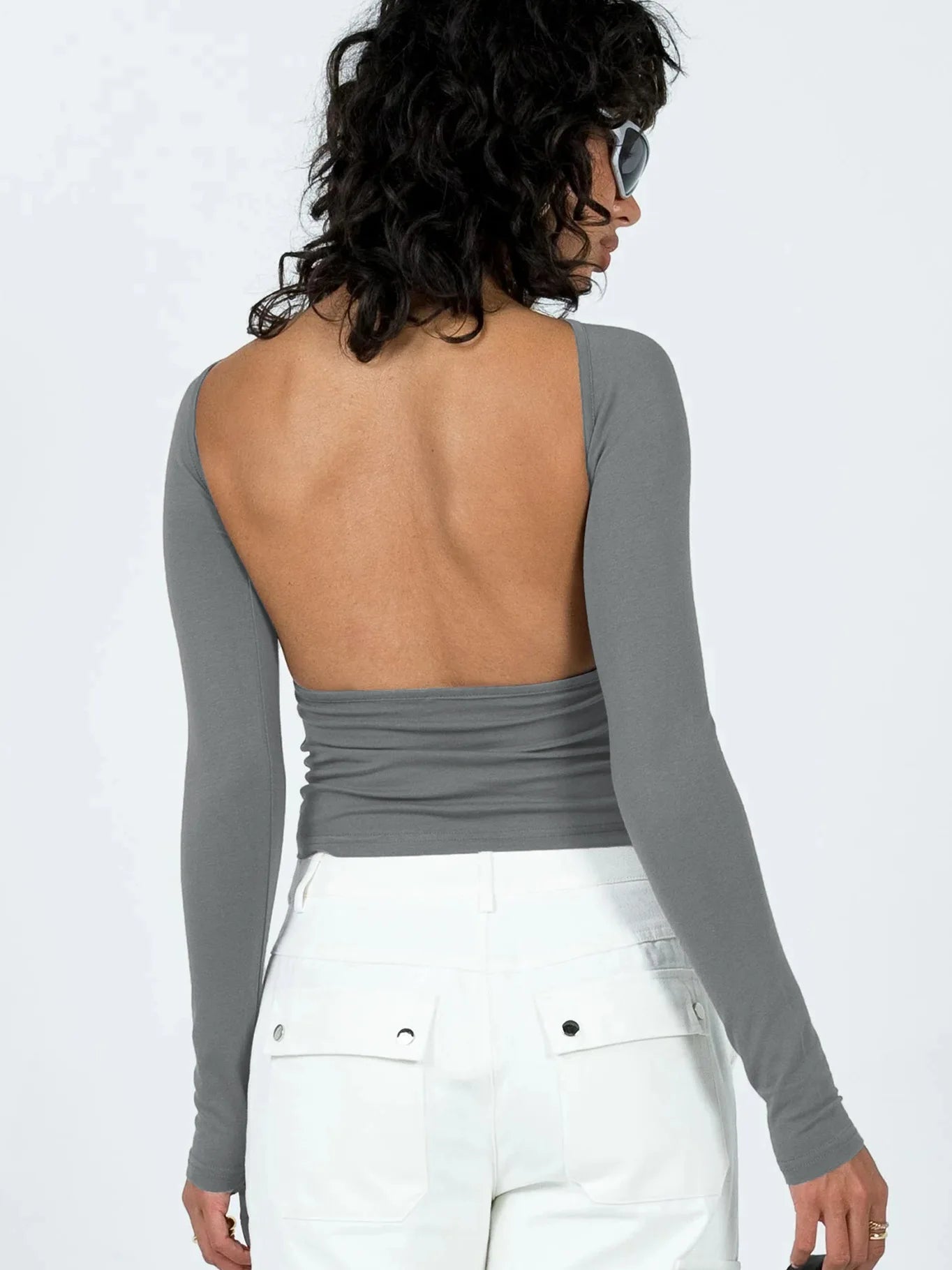 Black Backless Round Neck Long Sleeve Bodycon Top