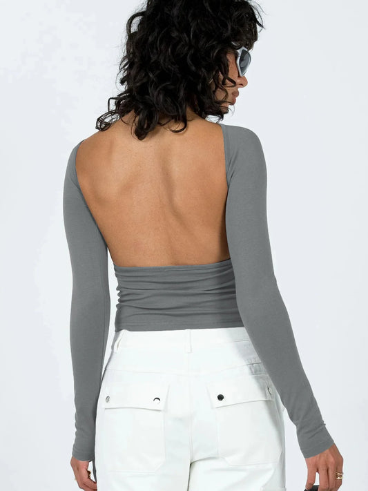 Black Backless Round Neck Long Sleeve Bodycon Top