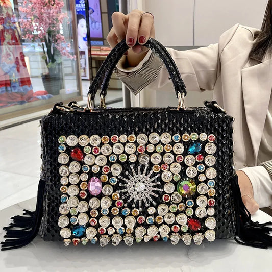Genuine Leather Tassel Fashion Rhinestone Large Capacity Female Shoulder Crossbody Bags