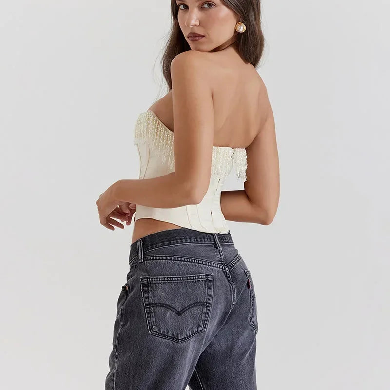 Pearl Tassel Corset Strapless Crop Tops