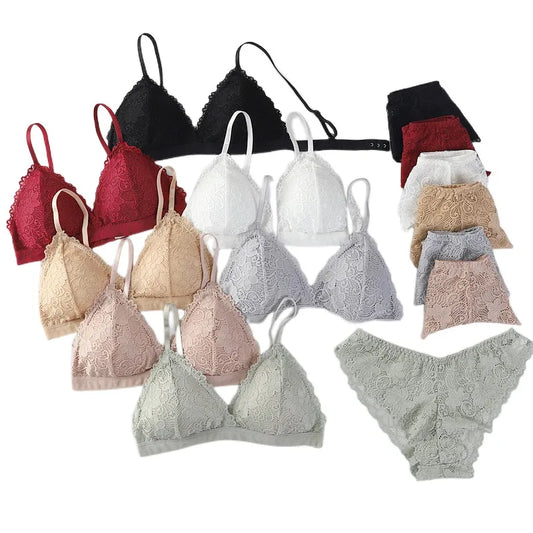 New Low Waist Briefs Vneck Embroidery Brassiere Panties Set