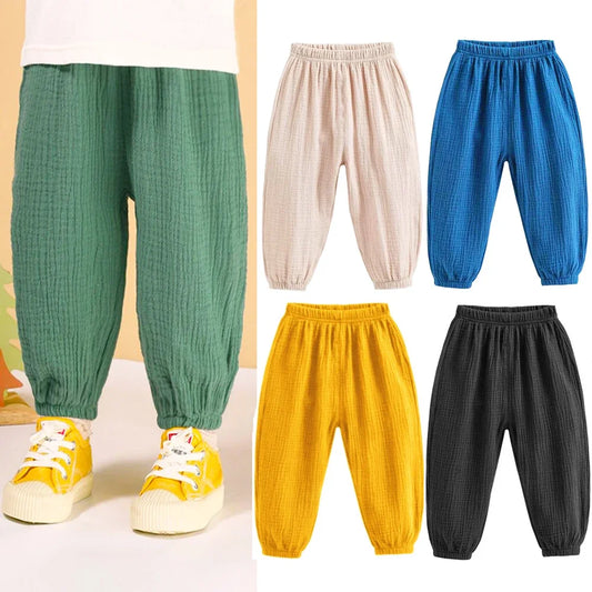 Summer Boys Cotton Linen Solid Color Loose Pleated Pant