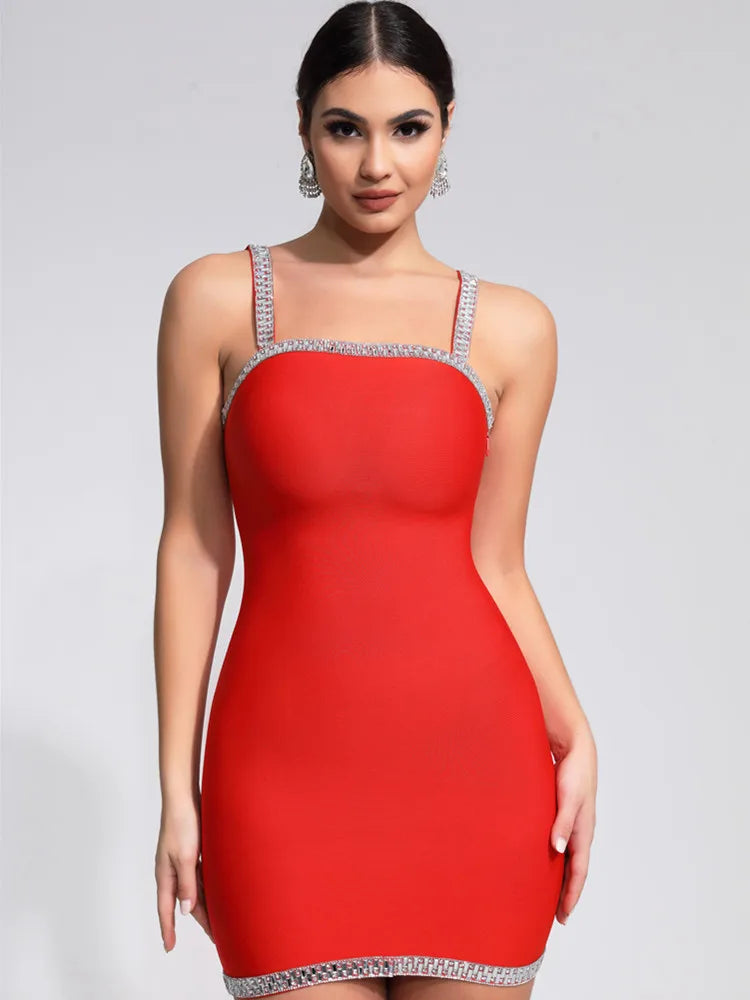 Luxury Sexy Summer Square Collar Red Crystal Mini Dress