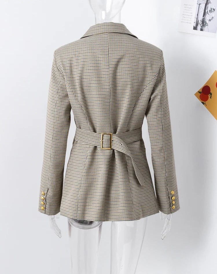 New Fashion Plaid Lapel Belt Coat