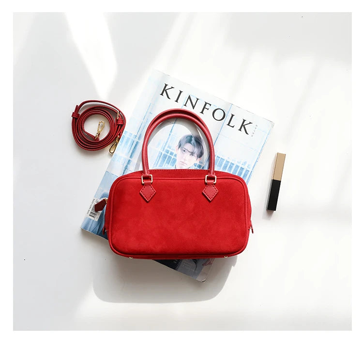 Zipper Open Matte Suede Cow Leather Women Handbag Office Lady Commuter Thin Shoulder Bag