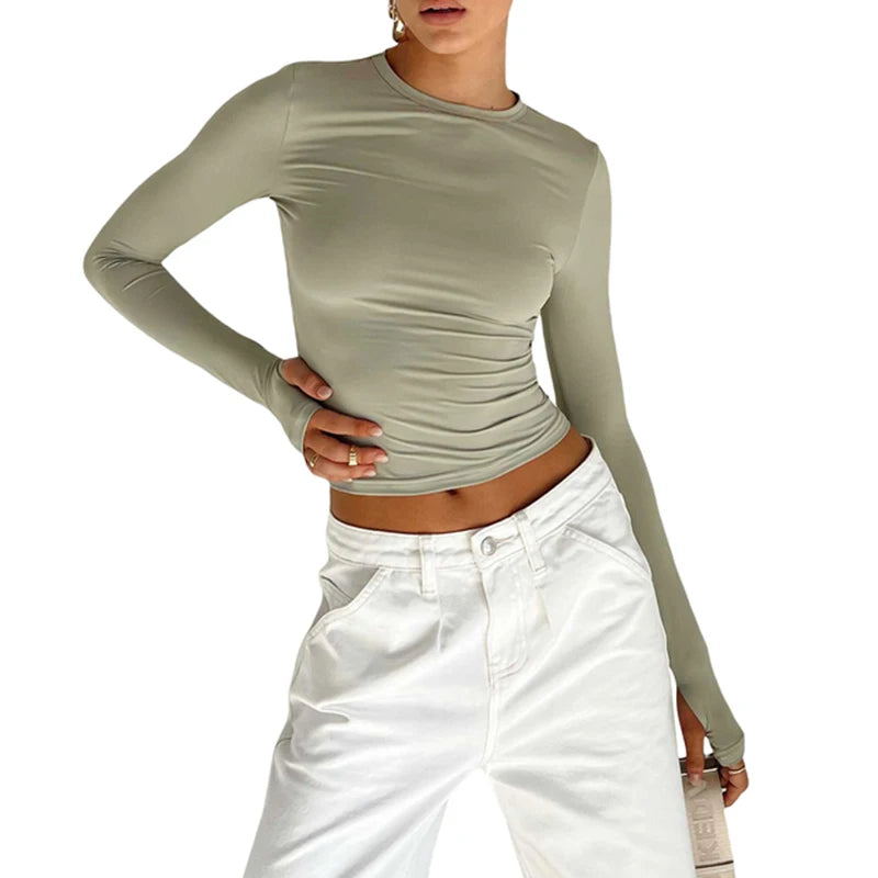 Women Long Sleeve Crew Neck Solid Slim Fit Ladies Crop Top