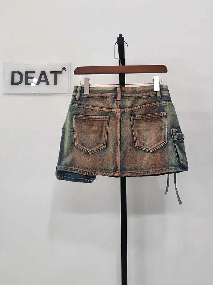 DEAT Denim Skirts Multiple Pockets Patchwork Washed A-line Mini Skirt