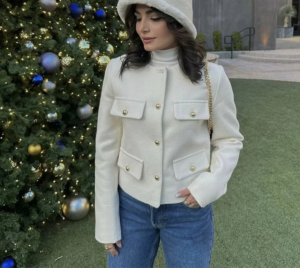 New  Fashion Solid Pockets O Neck Single Breasted Elegant Chic Short Jackets