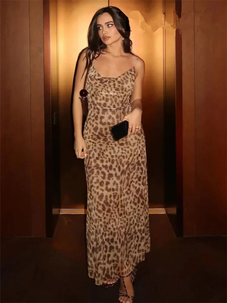 TRAF Leopard Print Tulle Slip Dress