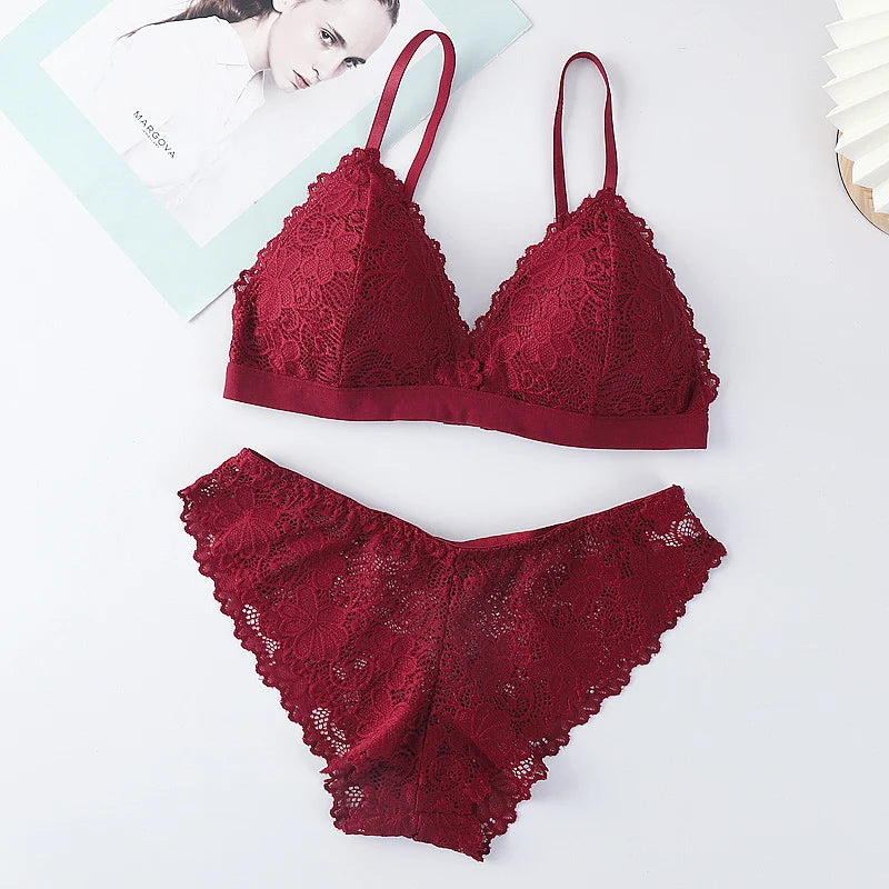New Low Waist Briefs Vneck Embroidery Brassiere Panties Set