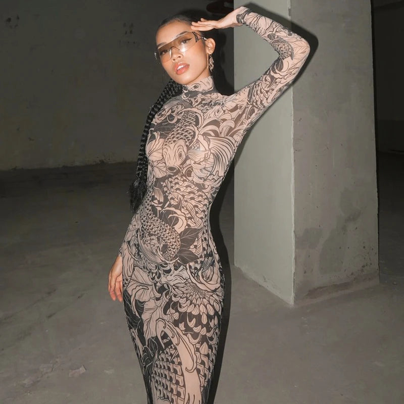 Haw thaw Long Sleeve Mesh See Through Streetwear Bodycon Long Dress