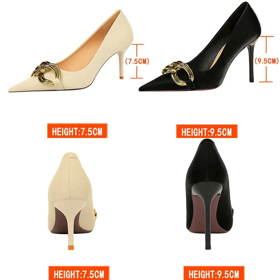 Women's Fashion Nude Metal Buckle Pumps High-Heels
