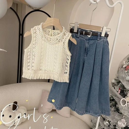 Girls Summer Tank Top Jeans Cute and Gentle Design Two Piece Set