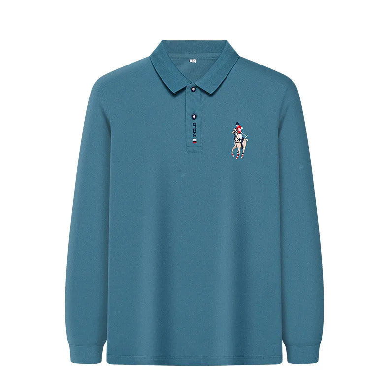 Besticktes Langarm-Poloshirt für Herren in Volltonfarbe