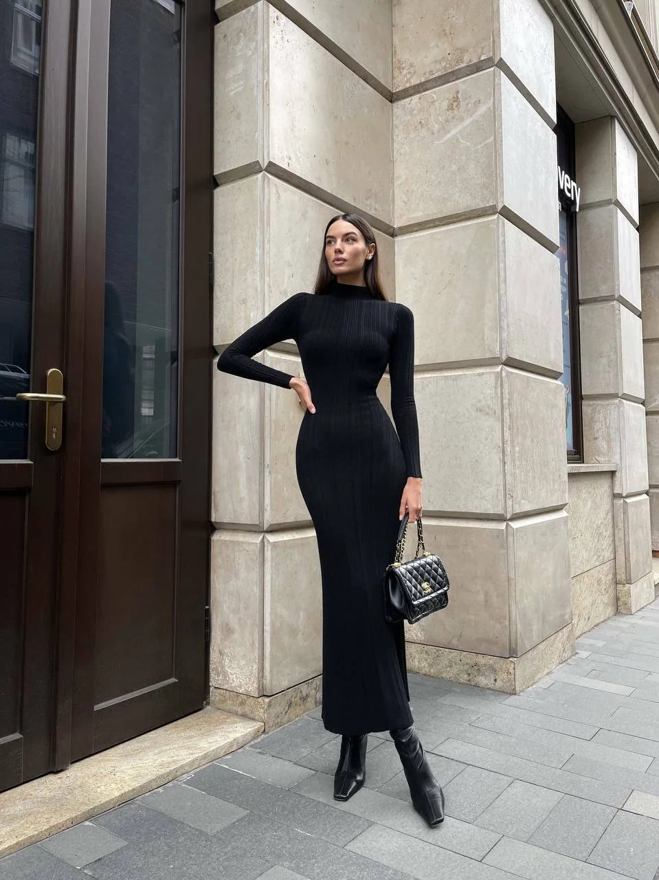 Women Elegant Long Sleeve Knitted Maxi Dress