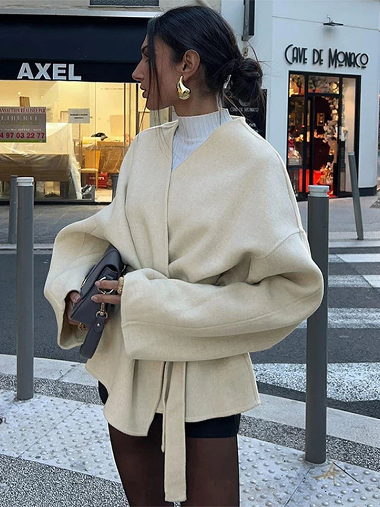 Women Casual Lace Up V-neck Long Sleeve Solid Jacket