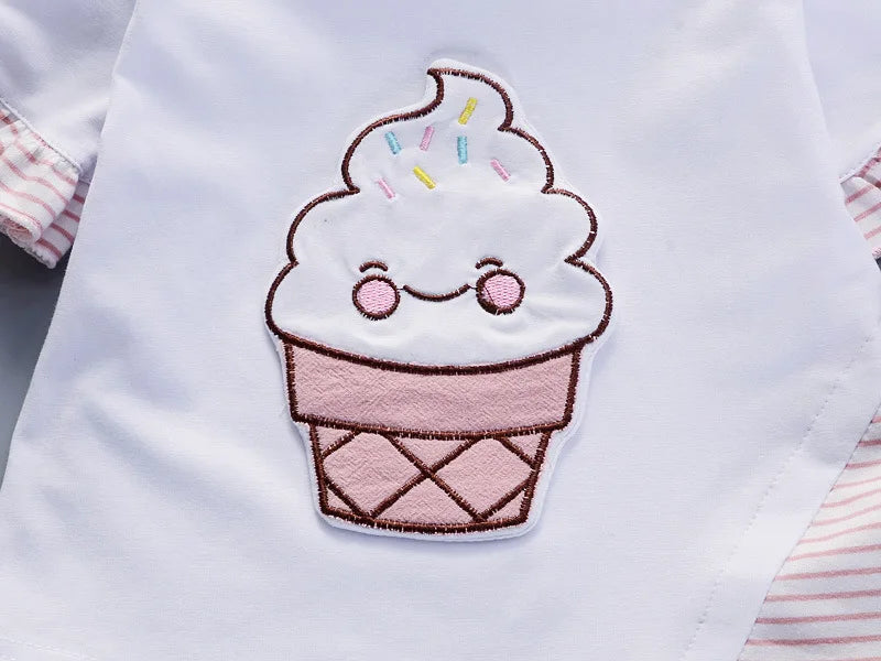Summer Short Sleeve Cartoon Ice Cream Print T-shirt Pant 2PCS Baby Set