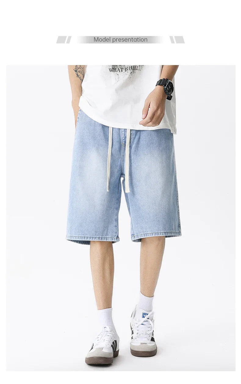 Thin Retro Casual Denim Shorts Soft Comfortable Stretchy Loose Drawstring