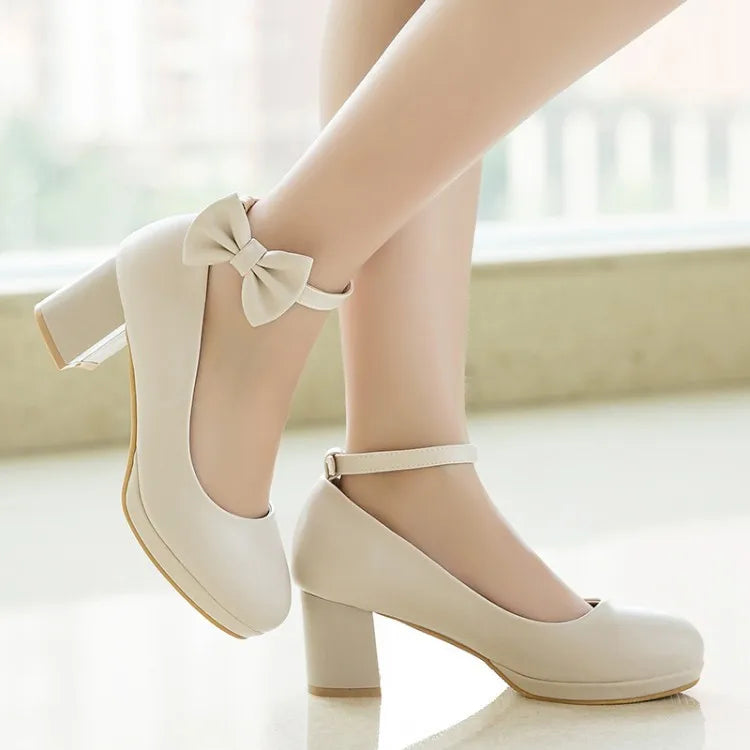 Women Platform Pumps Fashion Bow Thick Heel
