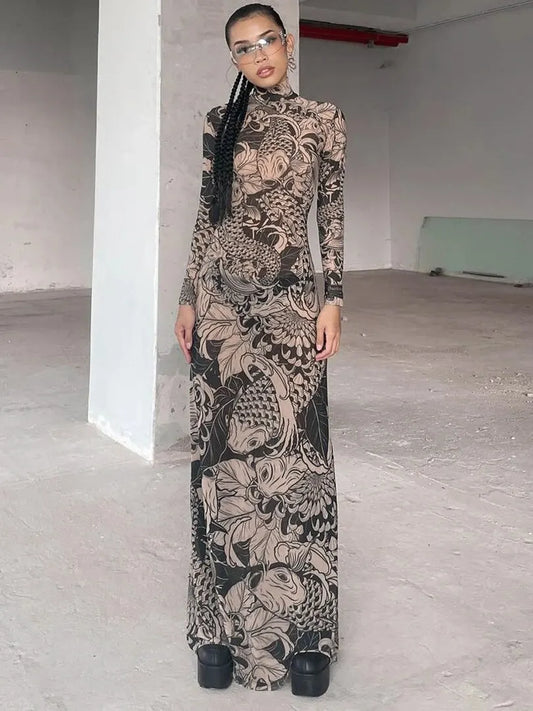 Haw thaw Long Sleeve Mesh See Through Streetwear Bodycon Long Dress