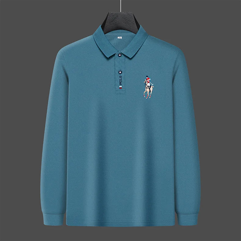 Besticktes Langarm-Poloshirt für Herren in Volltonfarbe