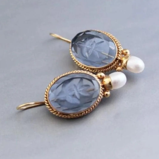 New Fashion Retro Style Round Green Carving Crystal Stone Pearls Dangle Earrings