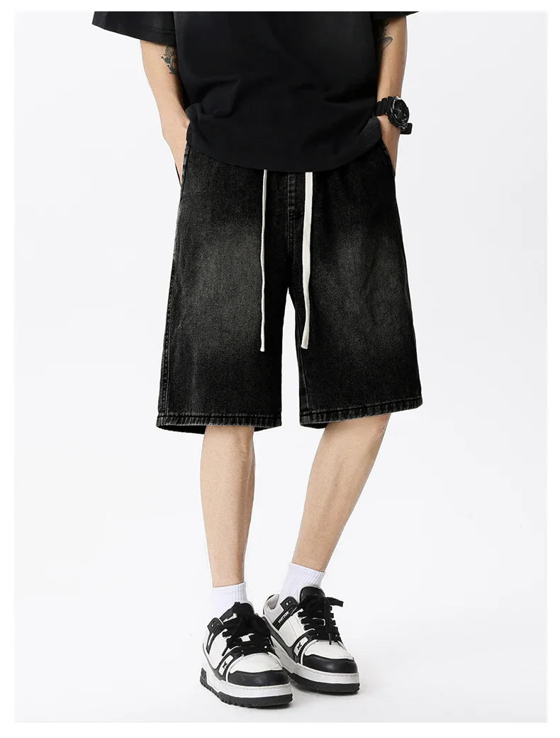 Thin Retro Casual Denim Shorts Soft Comfortable Stretchy Loose Drawstring