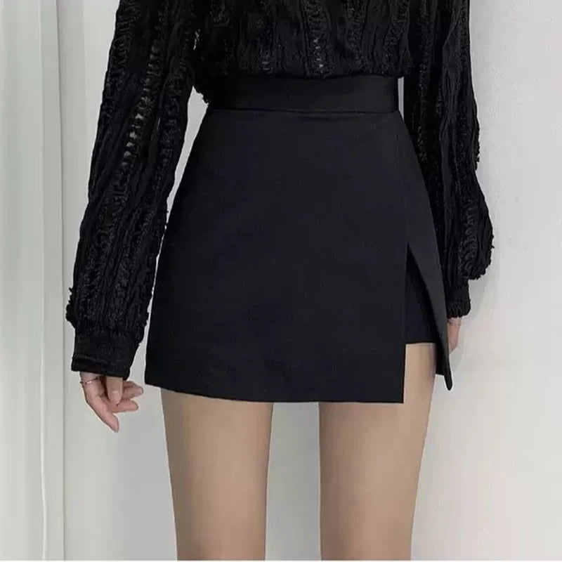 Mini Skirts Women Irregular Solid Side-slit Stretchy Style Trendy Chic
