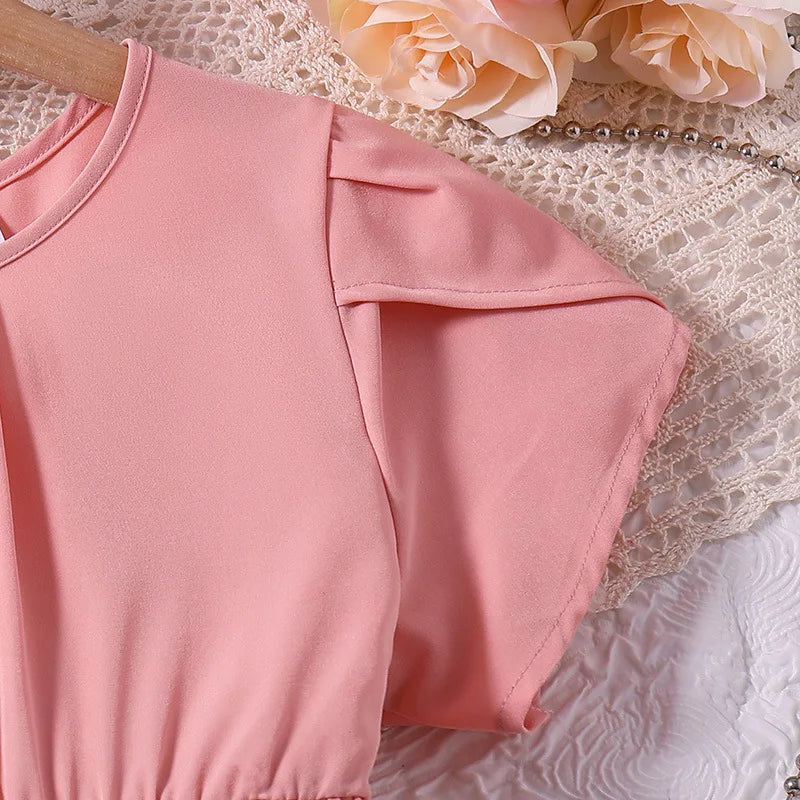 Sommer Kinder Mode Rosa Kurzarm Hohe Taille A-linie Prinzessin Kleid
