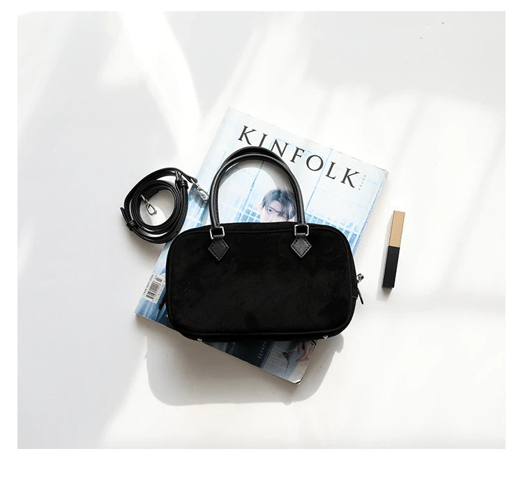 Zipper Open Matte Suede Cow Leather Women Handbag Office Lady Commuter Thin Shoulder Bag
