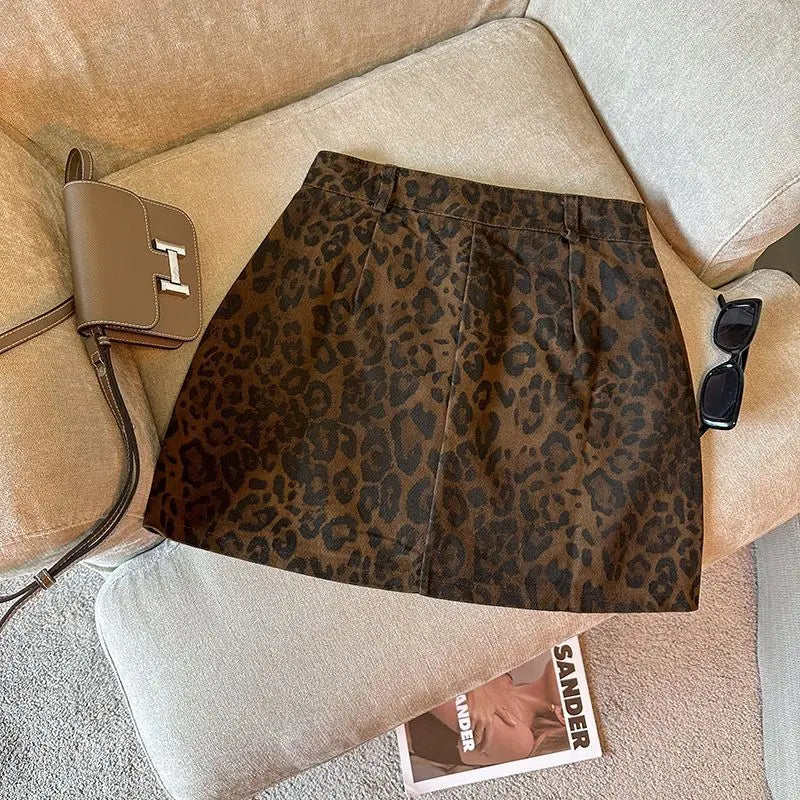 Leopard Print A-word Short Skirt New Anti-light High Waist Hip Wrap Mini Skirt