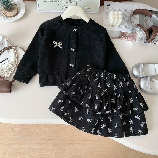 Girls' Suit Fashion Small Fragrance Bow Sweater + Floral Skirt Two-piece Set