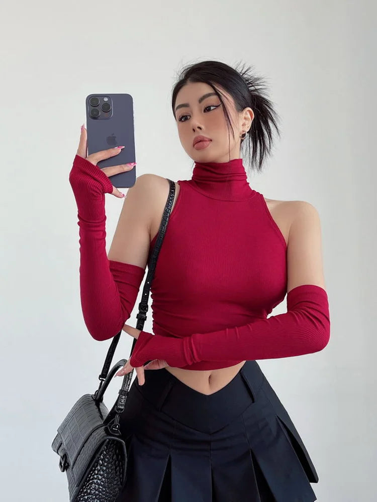 Girl Sleeves High Neck Pleated Club Crop Top