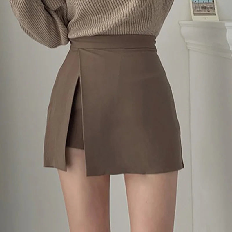 Mini Skirts Women Irregular Solid Side-slit Stretchy Style Trendy Chic