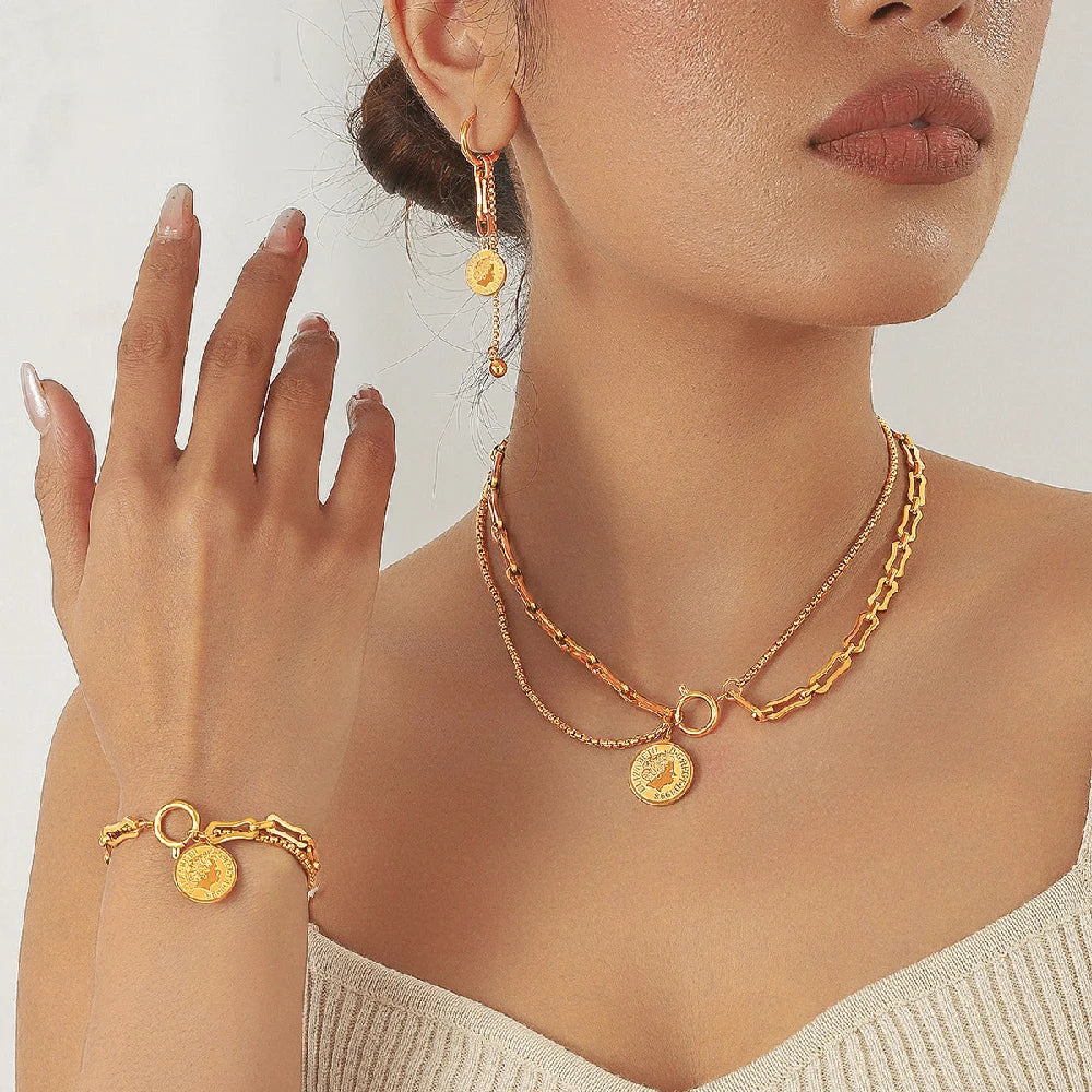 New Stainless Steel Golden Portrait Hanging Coin Necklace Earrings Bracelet Set