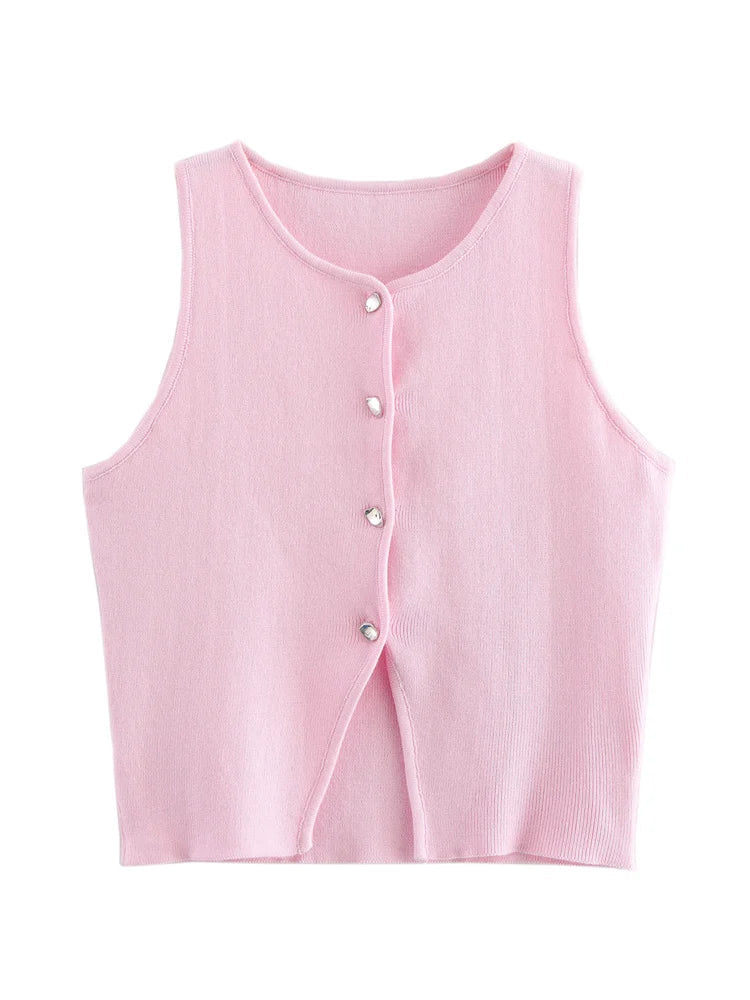 Women Fashion Sleeveless Buttons Hem Split Tops