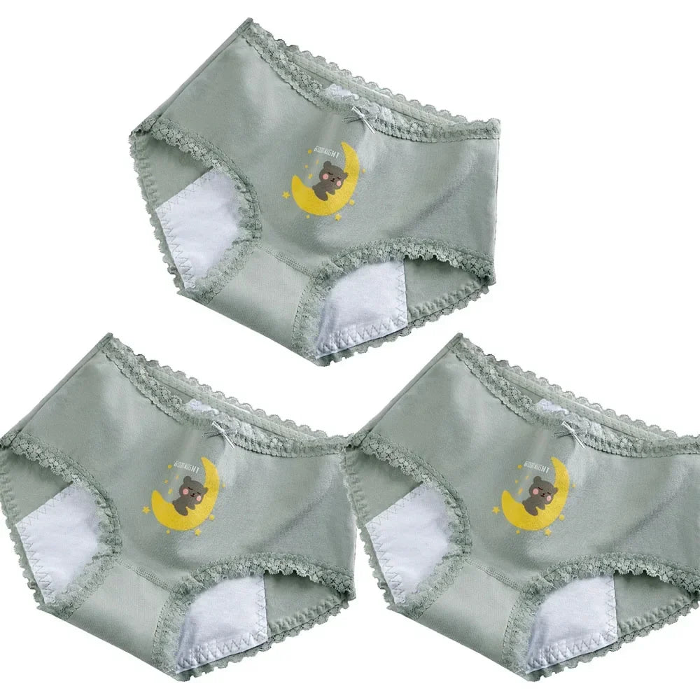 Girls Mid Waist Bear Cotton Period Briefs Soft Underwear