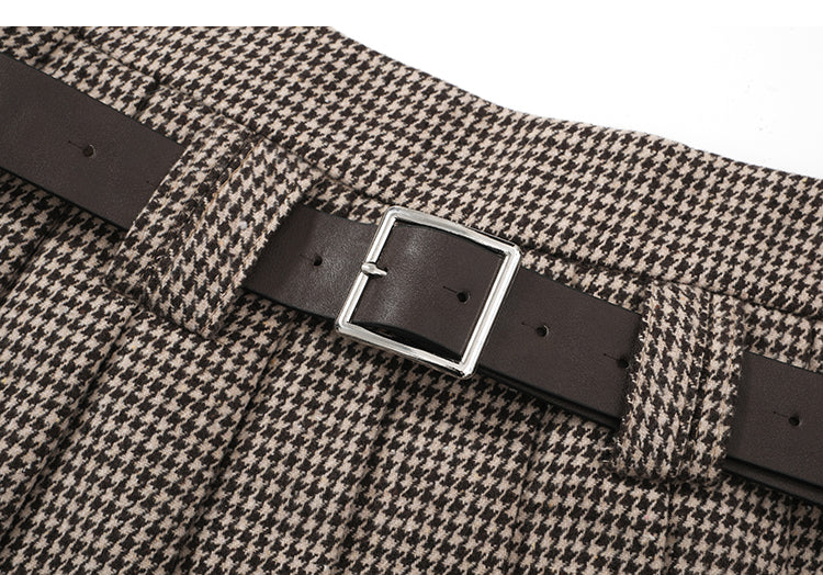 Y2K Low Rise Houndstooth Mini Skirt with Belt Woolen Pleated Mini